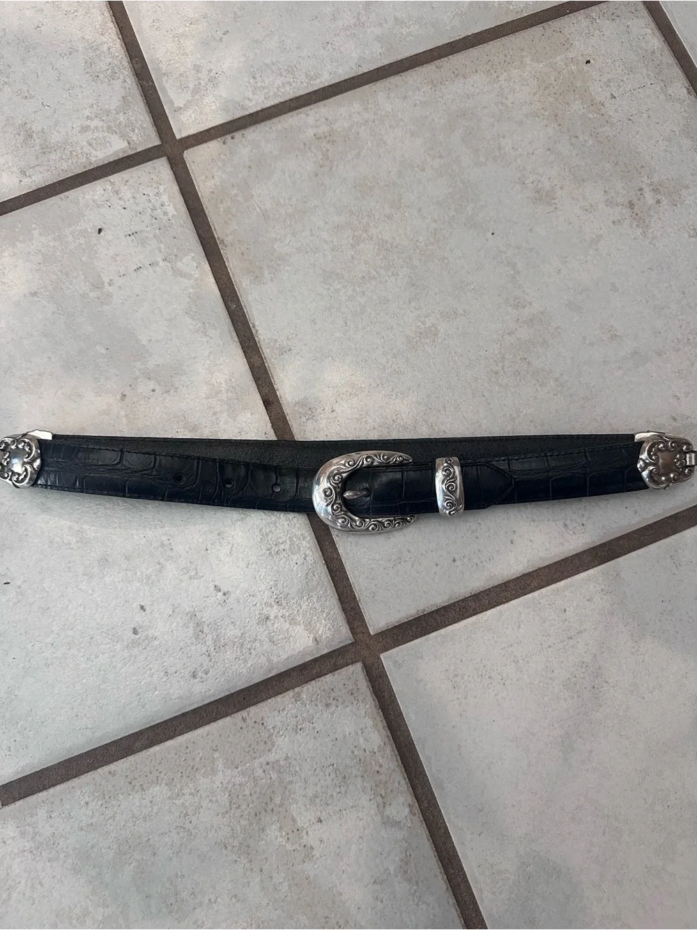 Brighton Vintage Black Leather Belt with Ornate Silver-Tone Buckle